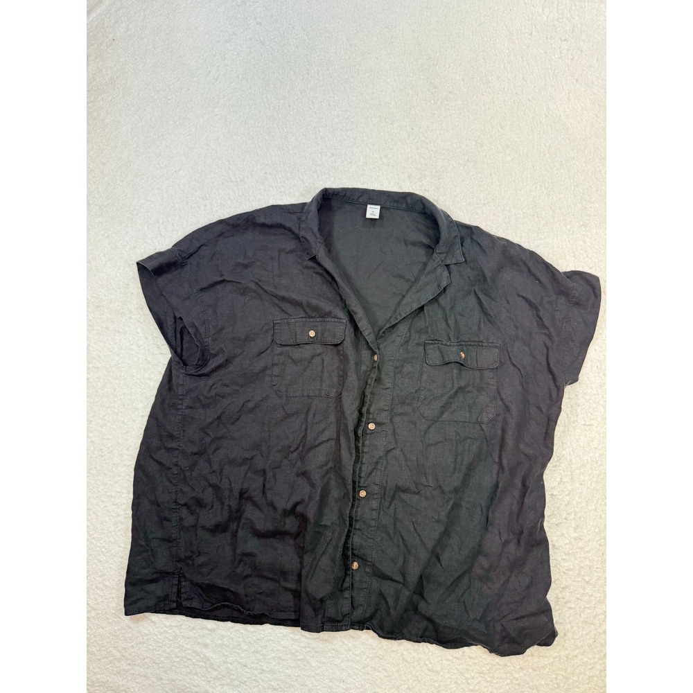 Old Navy Womens XL Black Linen Blend Short Sleeve Button Down Pocket Shirt Top